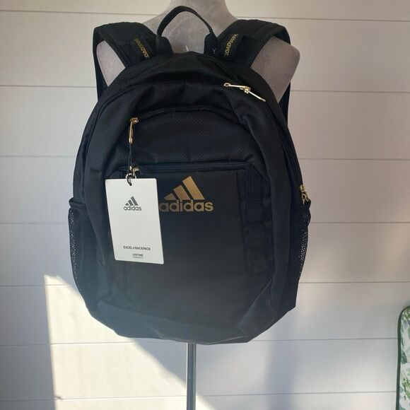 Adidas Excel 6 Backpack NWT 19" Black Gold Logo 16" Laptop Bag School Travel NEW - Picture 1 of 16